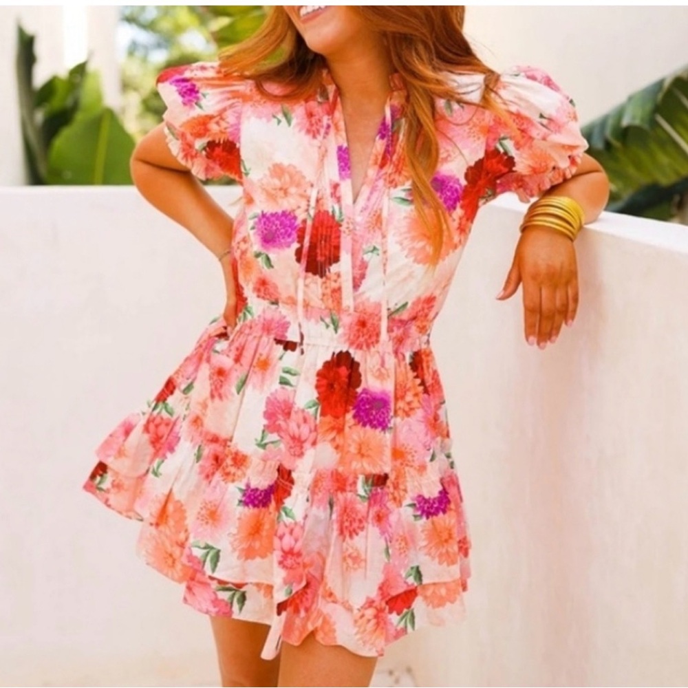 Buddy Love Clementine Dress Medium  Tiered Mini Dress in Coral & Pink
